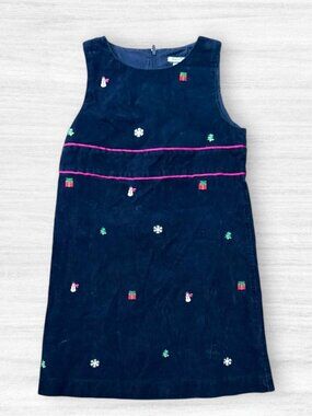 Hartstrings Vintage 90s Girls 7 Navy Embroidered Corduroy Christmas Jumper Dress